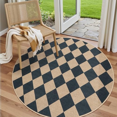 Lahome Checkered Easy Jute 6ft Round Outdoor Patio Area Rug, Washable Black by Lahome