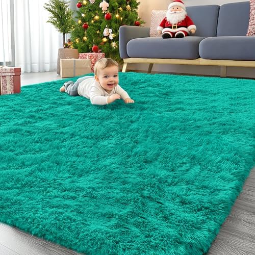 OLANLY 8x10 Machine Washable Large Area Rugs for Living Room, Bedroom, Soft Fluffy Shaggy Bedside Rug, Indoor Floor Carpet for Kids Girls and Boys, Dorms, Nursery, Home Decor Aesthetic, Teal Green by OLANLY