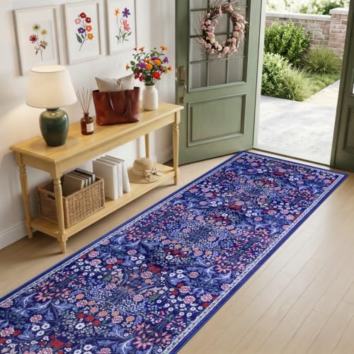 PLHXFR 3x10 Washable Runner Rug：Floral Indoor Kitchen Soft Carpet Blue - Image 2