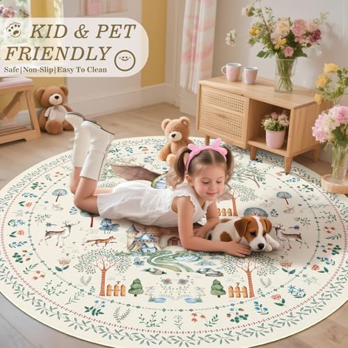 nesrt Washable Round Area Rugs for Living Room 8Ft Non Slip, Beige Dragon Forest Circle Dining Room Rugs Low Pile, Fantasy Animal Print Nursery Floor Carpets for Kids Bedroom Playroom Decor - Image 2