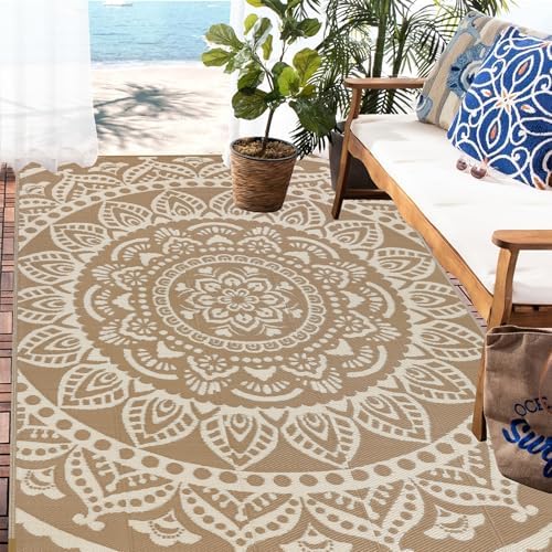 Bsmathom Waterproof Outdoor Rug 6'x9' Reversible Boho Plastic Straw Patio Deck Camping Rugs, Indoor Outdoor Portable RV Mat Clearance Carpet for Outside, Porch, Balcony, Backyard, Beach, Pool,Brown - Image 3