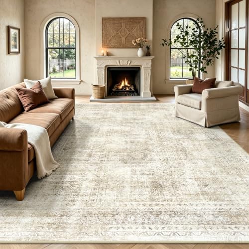 8x10 Area Rugs for Living Room, Washable Vintage Retro Floral Rug, Low Pile Non Slip Distressed Large Carpet for Bedroom, Dining Room, Office, Home (Beige) by Yarooge