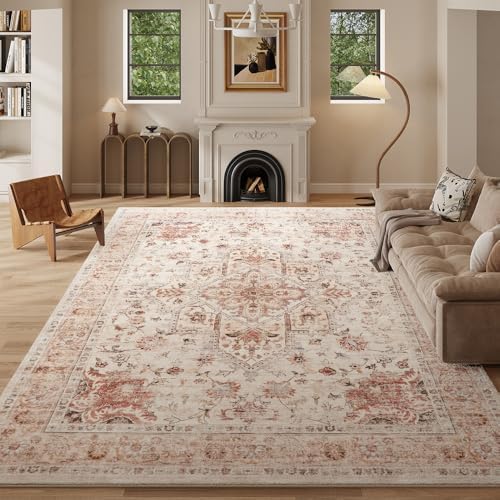8x10 Orange Washable Area Rug for Living Room, Vintage Print by Unknown
