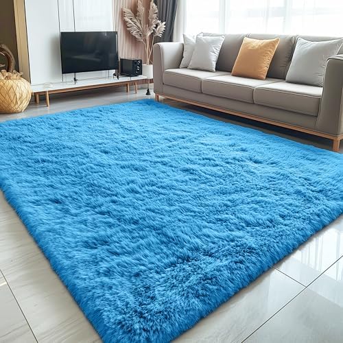 OLANLY 5x7 Machine Washable Large Area Rugs for Living Room, Bedroom, Soft Fluffy Shaggy Bedside Rug, Indoor Floor Carpet for Kids Girls and Boys, Dorms, Nursery, Home Decor Aesthetic, Bright Blue - Image 3