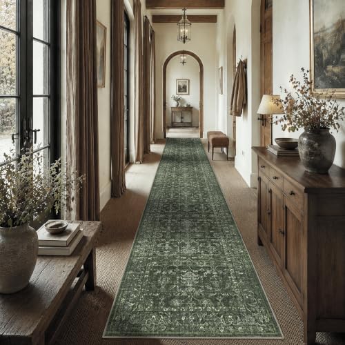 3x14 Washable Kitchen Runner Rug Soft Vintage Dark Green Throw Carpet by HOME