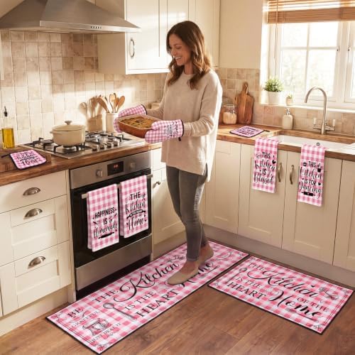 Fourluoo 10 Pcs Pink White Buffalo Plaid Kitchen Decor Set - Image 4