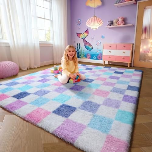 KICMOR Purple Rainbow Area Rugs for Bedroom Living Room, 4x6 Fluffy Soft Colorful Checkered Rug Fuzzy Shag Shaggy Bedside Cute Plush Carpet for Kids Boys Girls Dorm Nursery Home Decor Aesthetic by KICMOR
