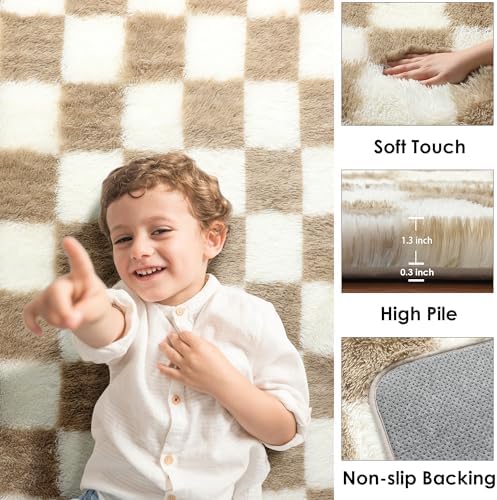 KICMOR 6x9 Rugs for Living Room Beige and Cream White, Large Big Fluffy Shag Fuzzy Checkered Area Rug Shaggy Carpets for Bedroom, Soft Plush Rug for Kids Boys Girls Dorm Nursery Playroom Home Decor - Image 2