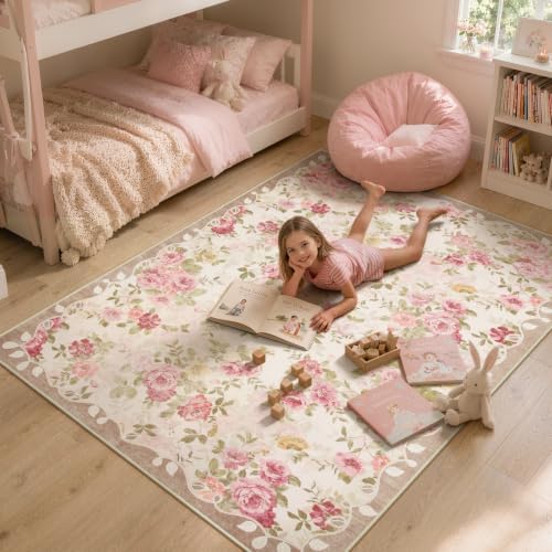 Lahome Pink Floral Nursery Rug 4x6, Low Pile Ultra-Thin Girls Bedroom Rug - Image 3
