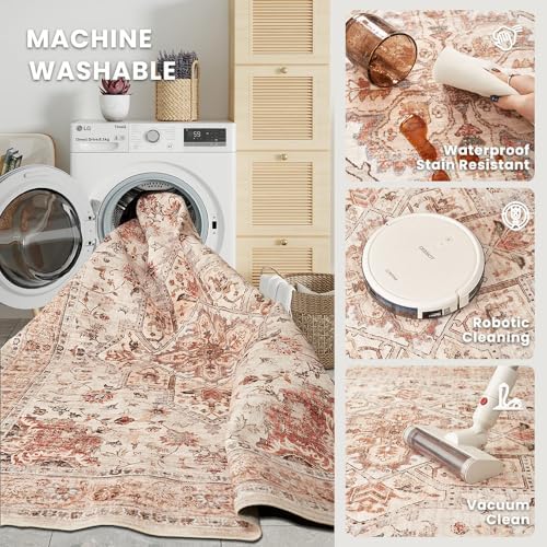 4x6 Orange Washable Area Rug for Living Room, Vintage Print - Image 5