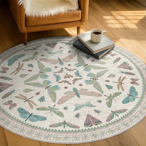 Insect Light Green 5ft Round Area Rug for Living Room - Washable Floral Fun Kids Rugs for Bedroom, Playroom, Boho & Butterfly Design - Low Pile Soft Circle Carpet - Image 7