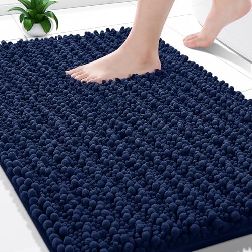 Yimobra Bathroom Rugs Non Slip Washable - Ultra Soft Absorbent Chenille Bath Mat, Quick Dry Shaggy Floor Carpet for Tub Shower, Navy Blue Home Decor Accessories, 24x17 Inch by Yimobra