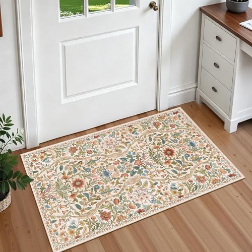 Floral 2x3 Entryway Rug Washable Doormat Indoor Throw Rug, Beige - Image 3