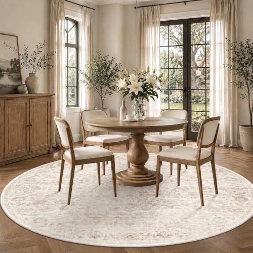 Washable 6ft Round Living Room Non-Slip Rug Retro Beige Throw Carpet - Image 2