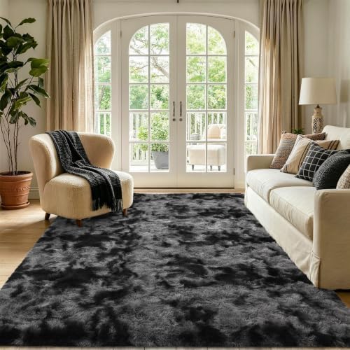 4'x5'3'' Tie-dye Dark Grey Fluffy Area Rug Non-Slip for Bedroom Living Room - Image 2