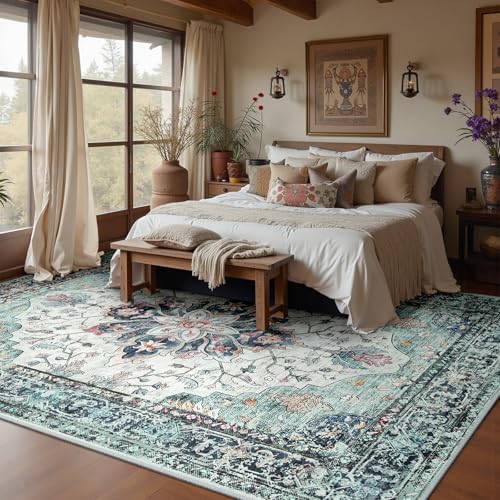 RELEANY Washable Area Rug, Large 9'x12', Teal Green/White/Navy - Image 3