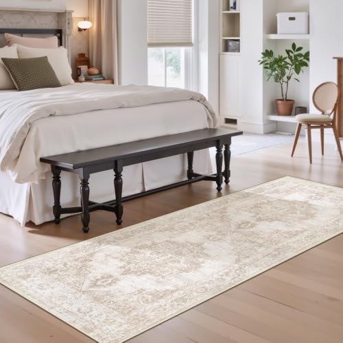 Area Rug 2x8 Runner Rug: Washable Vintage Hallway Rugs Indoor Medallion Rug Low Pile Distressed Floor Carpet Retro Accent Rugs for Kitchen Bedroom Bathroom Dining Room(Beige, 2'x8') - Image 3