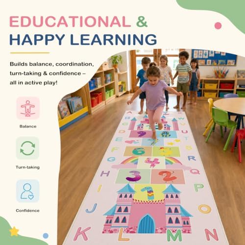 Hopscotch Kids Rug for Playroom, Colorful Educational Classroom Rugs with ABC Number, Non Slip Kids Play Mat Rug Game Carpet for Bedroom Boy Girl - Pink, 24''x72'' - Image 5