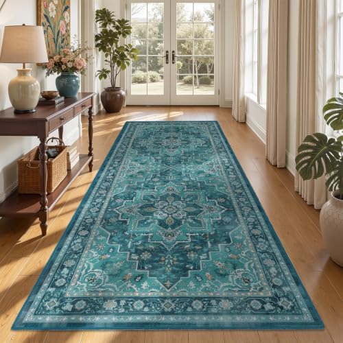 Washable Hallway Wide Runner Rug 4'x8', Vintage Medallion, Boho Teal by Jainmy