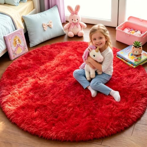 Red Round Rug 4Ft, Area Rugs for Bedroom, Fluffy Circle Carpets Girls Room by PAGISOFE