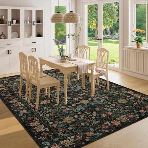 DUKINO 6x9 Area Rug, Vintage Floral Washable Rugs for Living Room, Black - Image 2