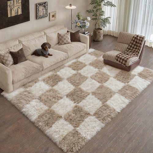 PureCozy Beige 5x7 Area Rug for Living Room Soft Checkered Shag Carpet by PureCozy