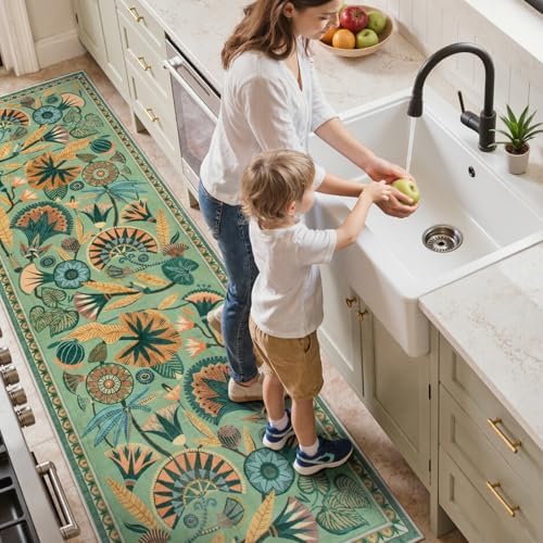 Zealude Floral Kitchen Rugs, 2.5X8 Green Runner Rug for Hallway, Non Slip Rugs for Entryway, Washable Carpet Runner with Rubber Backing, Vintage Rug for Bathroom Bedroom Indoor - Image 3