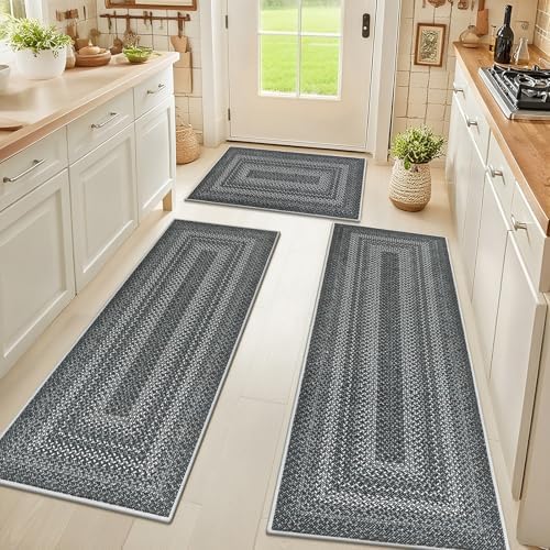 HEBE Faux Jute Kitchen Rugs Set of 3, Washable Kitchen Mats for Floor by HEBE