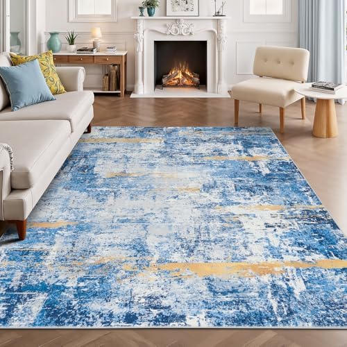 Rugflix 5x7 Area Rugs for Living Room, Washable Sky Blue Gold Large Rug by RugflixAreaRugs
