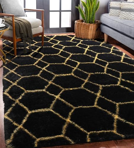 Area Rugs for Bedroom Living Room, 4x6 Fluffy Black and Gold Geometric Rug - Image 2