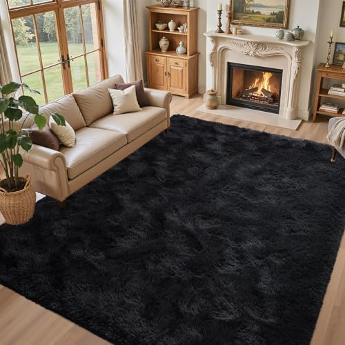 5x7 Black Area Rugs for Living Room, Large Fluffy Shag Bedroom Rugs Non-Slip, Ultra Soft Plush Carpet for Nursery Kids PlayRoom Dorm Office Indoor Modern Carpets by Lo%CC%80utiRootHome