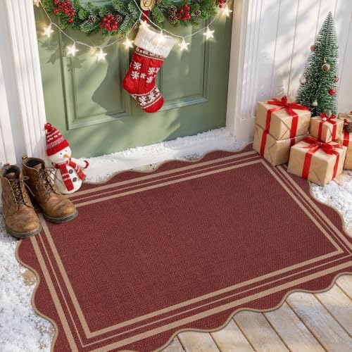 Easy Jute Red Christmas Front Door Mat, 2.6x4 Washable Entryway Rug Non Slip Small Kitchen Rug, Farmhouse Low Pile Floor Scalloped Rugs for Bathroom Porch Doorway by LORWER
