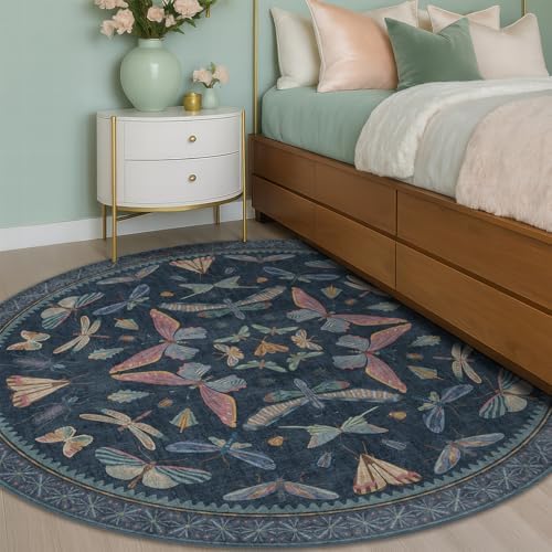 Dark Blue Vintage Playroom Round Rug 6ft, Washable Soft Area Rug for Entryway, Living Room & Kitchen, Stain Resistant Boho Insect Print Carpet - Image 6