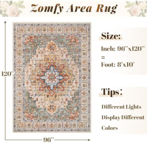 Area Rug 8x10 Vintage Rug: Large Washable Indoor Medallion Rugs Low Pile Distressed Floor Carpet Retro Accent Rug for Living Room Bedroom Kitchen Dining Table Home Office(Green/Yellow, 8'x10') - Image 2
