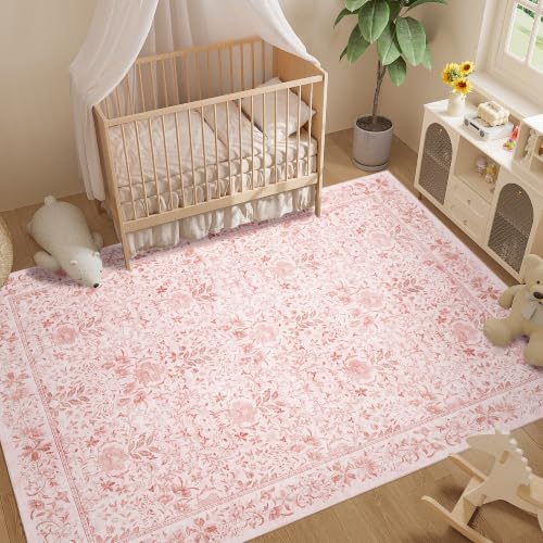 DUKINO 6x9 Area Rug, Vintage Floral Washable Rugs for Living Room, Pink - Image 5