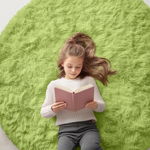 OLANLY Grass Green Round Rugs for Bedroom - Machine Washable, 5 ft Circle Area Rugs for Living Room, Soft and Fluffy Shaggy Carpet for Teen Girls and Boys, Nursery Rooms, Dorms, Home Decor Aesthetic by OLANLY