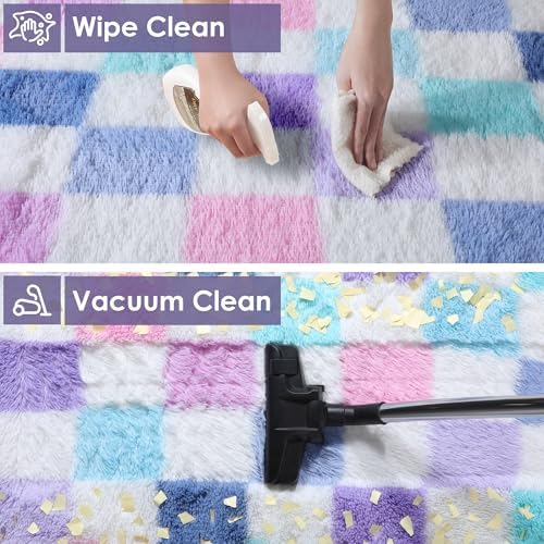 KICMOR Purple Rainbow Round Rug for Bedroom Girls, Cute Fluffy Soft 4ft Circle Area Rug Small Fuzzy Shag Shaggy Living Room Carpet, Circular Checkered Rug for Kids Room Home Decor Aesthetic, Nursery - Image 6