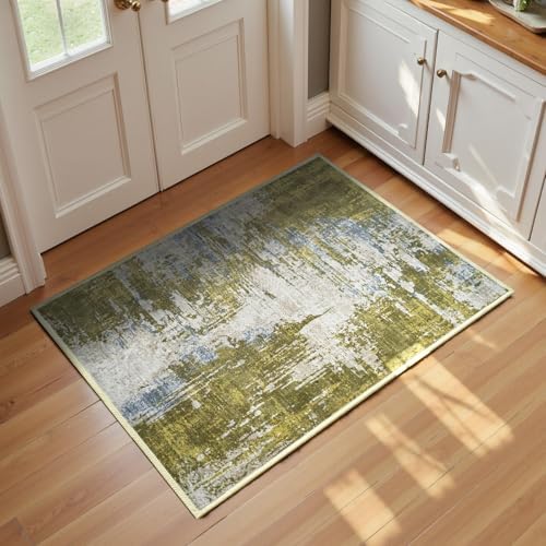 Entrance Rugs Indoor 2x3 Green Entry Rug Washable Abstract Small Area Rug Non-Slip Low Pile Throw Rugs for Entryway, Kitchen Floor, Front Door Indoor Door Mat, Bedroom Bedside by OmpaaHomeDecor