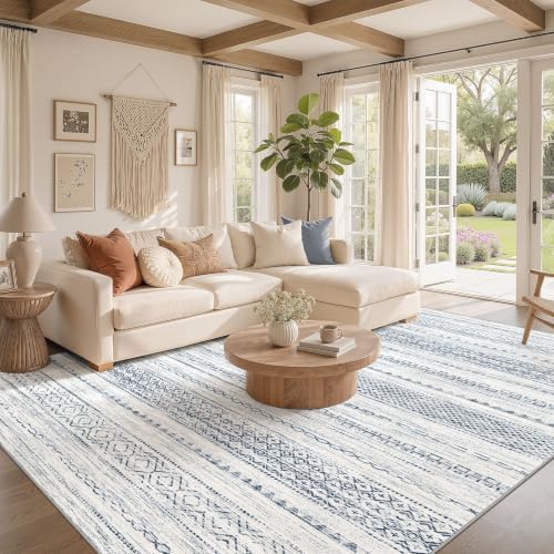 Nakagishi 6x9 Area Rugs Living Room: Washable Boho Large Neutral Soft Farmhouse Rug Stain Resistant Modern Indoor Floor Non-Slip Carpet for Bedroom Nursery Playroom Office Dining Room Dorm-White Blue - Image 2