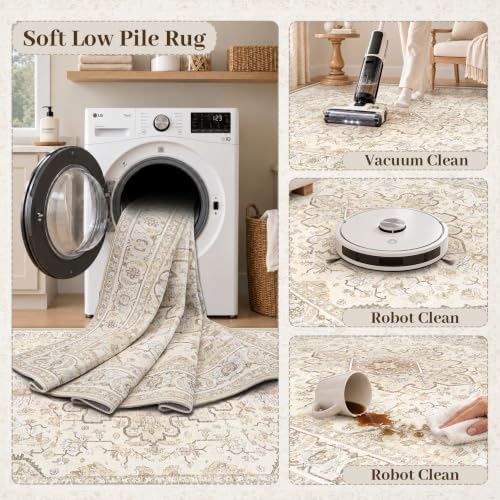 Area Rugs 8x10 Vintage Rug: Large Washable Living Room Rug Retro Medallion Distressed Soft Low Pile Non-Slip Indoor Floor Carpet for Bedroom Kitchen Nursery Dining Office (BeigeBrown, 8'x10') - Image 5