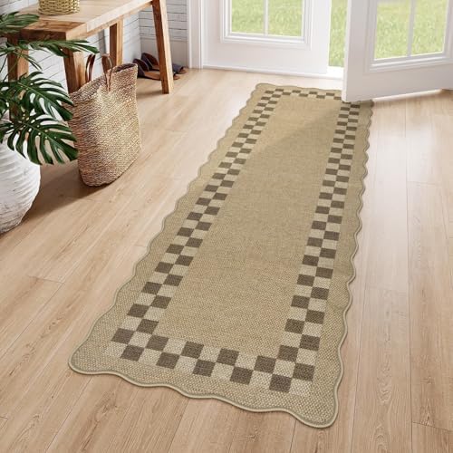 LIVEBOX Easy Jute Checkered Runner Rug for Kitchen, Scalloped Washable 2x6 Tan Rugs for Entryway, Geometric Indoor Outdoor Non Slip Rug Farmhouse Carpet Door Mat Area Rug for Porch Bedroom Hallway by LIVEBOX