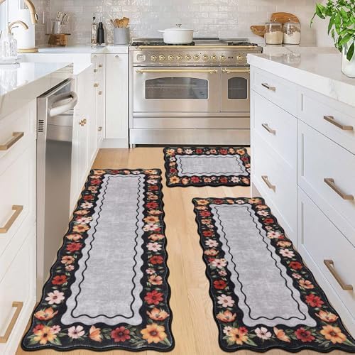 Vaukki Boho Kitchen Rug Sets of 3,Flower Black Washable Kitchen Floor Mat by Vaukki