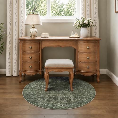 3ft Round Washable Office Rug Non-Slip Retro Dark Green Throw Carpet - Image 2