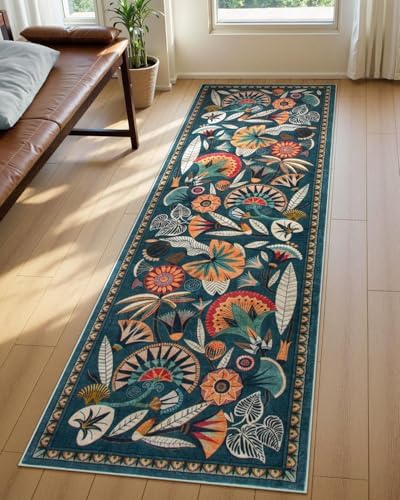 Zealude Boho Washable Green Bathroom Kitchen Runner Rug, 2x8 Egypt Hallway Entryway Rug Runner, Non Slip Botanical Floral Vintage Carpet for Entry Living Laundry Room (Dark Green, 2 x 8) by Zealude