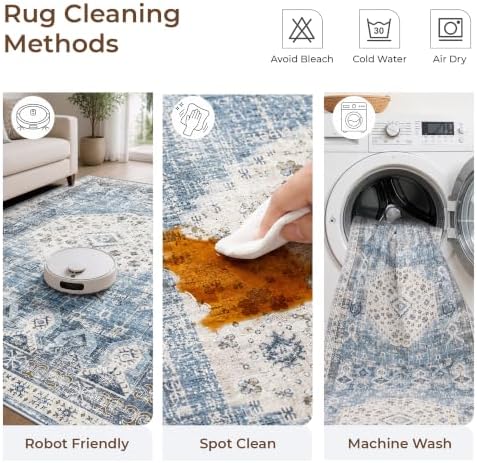 RUUGME Washable 4x10 Runner Rug - Vintage Hallway Kitchen Rugs with Non Slip Backing Low Pile Stain Resistant Carpets Indoor Ultra Soft Light Weight Rug Floor Decoration Mat 4'x10' Aqua Blue - Image 5