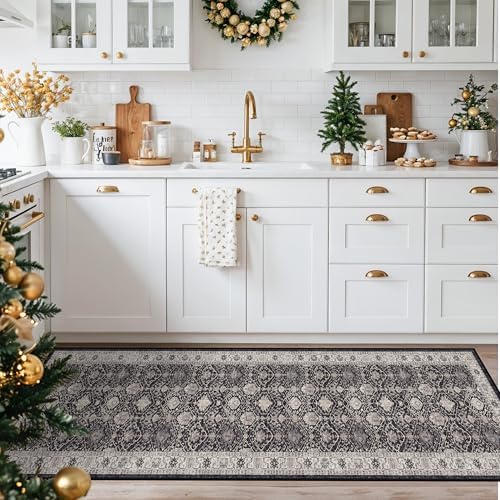 Hallway Washable Runner Rug - 2x7 Kitchen Rugs Entryway Rug Runner Vintage Soft Floor Mat Non Slip Indoor Farmhouse Carpet for Bathroom Living Room Bedroom (2 X 7, Black) - Image 2