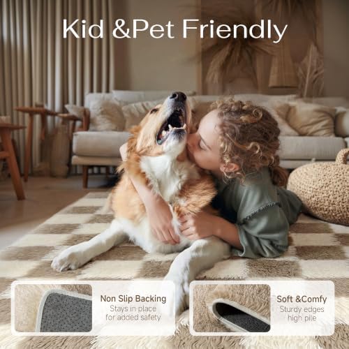 PureCozy Beige 4x6 Area Rug for Kids Room Soft Fluffy Checkered Shag Carpet - Image 4