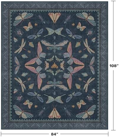 Washable 7x9 Large Area Rug for Living Room, Vintage Farmhouse Carpet for Bedroom & Dining Room Under Table, Dark Blue Boho Insect Moth Décor Rug - Image 2