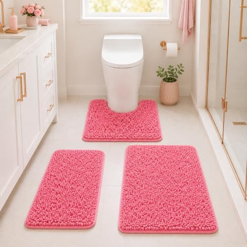 Bathroom Rugs Chenille Bath Mat Set 3-Piece Bath Rugs for Bathoom Extra Soft Bath Mats for Bathoom Non Slip Absorbent Shag Bthroom Carpet, Machine Washable, Toilet Rug Pink by RUNHELIX