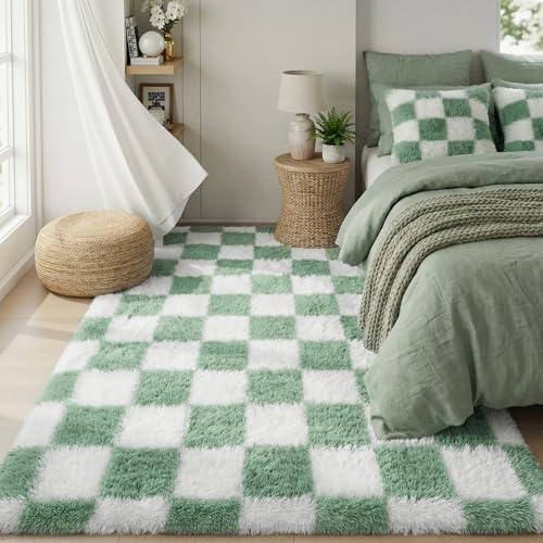 KICMOR Rugs for Bedroom Living Room, 3x5 Fluffy Soft Checkered Shag Area Rug Fuzzy Shaggy Plush Bedside Small Carpet, Sage Green and White Rug for Kids Boys Girls Dorm Nursery Home Decor Aesthetic by KICMOR